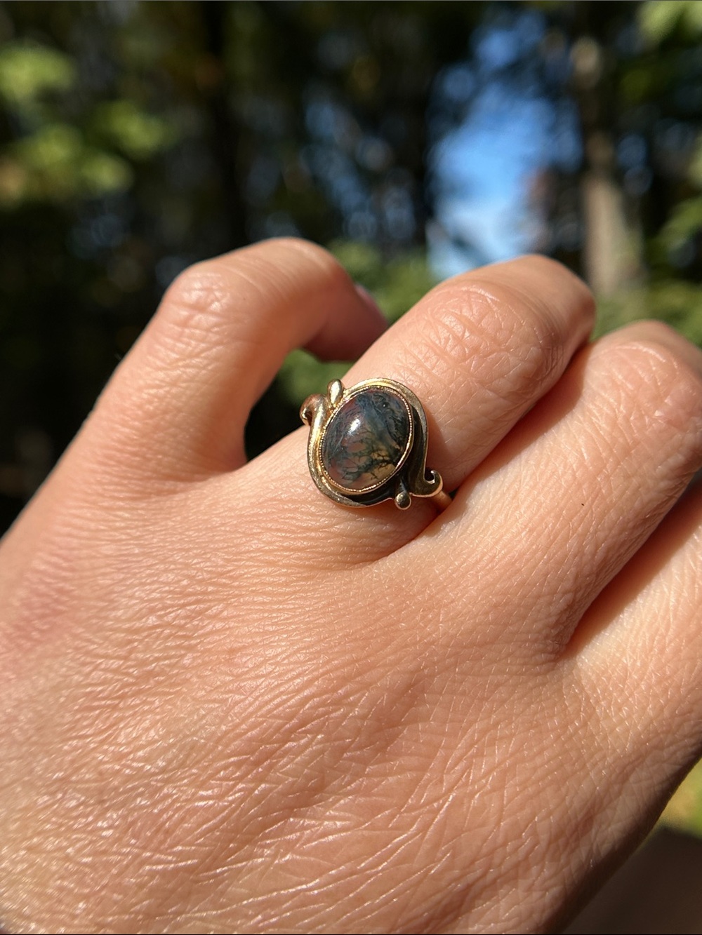 Antique 10K YG Moss Agate Ring
